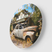 ヴィンテージ車とガレージ、ラウンドウォールクロック ラージ壁時計 (傾斜)