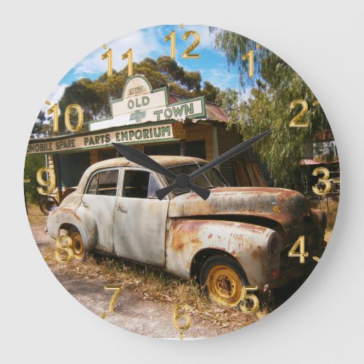 ヴィンテージ車とガレージ、ラウンドウォールクロック ラージ壁時計 (正面)