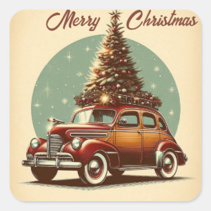 ヴィンテージ車とクリスマスツリーのシール スクエアシール