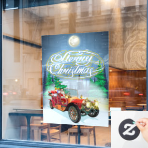 ヴィンテージ車とサンタのグリーティングクリスマスカード ウィンドウサイン