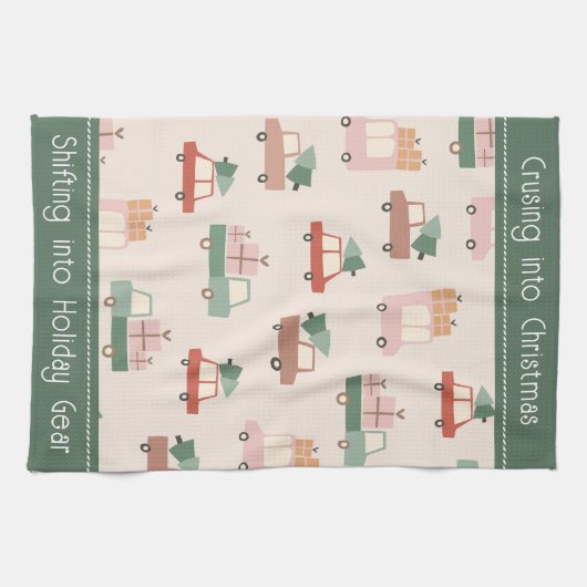 ヴィンテージ車のトラックパターンのクルージングをクリスマスに キッチンタオル (横)