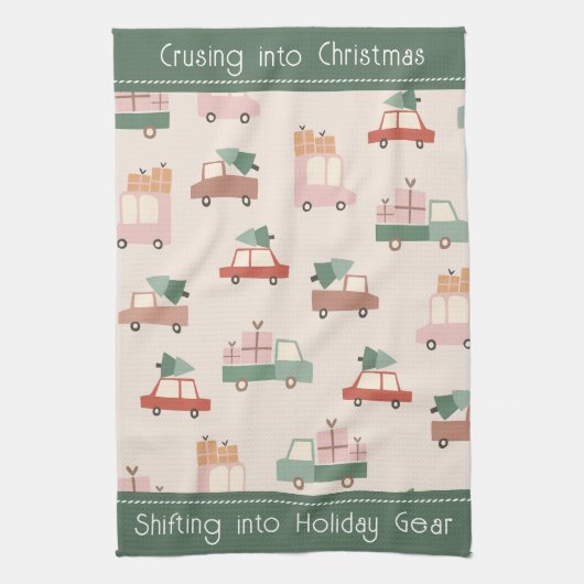 ヴィンテージ車のトラックパターンのクルージングをクリスマスに キッチンタオル (縦)