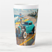 ヴィンテージ車の上にサーフボードを乗せたロボット カフェラテマグ (正面)