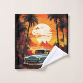 ヴィンテージ車の夕日 – 車を愛する人のためのギフト バスタオルセット (ウォッシュタオル)