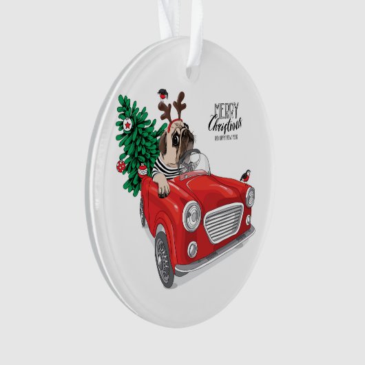 ヴィンテージ車を運転するメリークリスマス|のパグ オーナメント (正面)