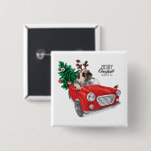 ヴィンテージ車を運転するメリークリスマス|のパグ 缶バッジ (正面&裏面)