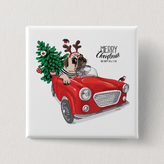 ヴィンテージ車を運転するメリークリスマス|のパグ 缶バッジ (正面)