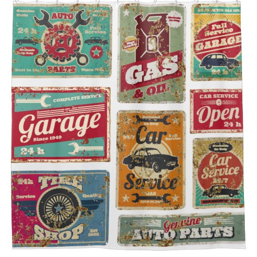 ヴィンテージ車サービスとガソリンスタンドヴィンテージメタル  シャワーカーテン (正面)