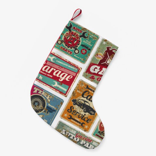 ヴィンテージ車サービスとガソリンスタンドヴィンテージメタル  スモールクリスマスストッキング (正面 (吊り時))