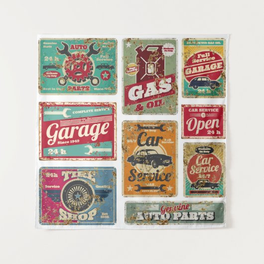 ヴィンテージ車サービスとガソリンスタンドヴィンテージメタル  タペストリー (正面)