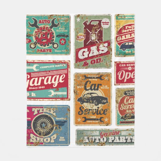 ヴィンテージ車サービスとガソリンスタンドヴィンテージメタル フリースブランケット (正面)