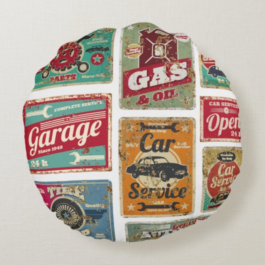 ヴィンテージ車サービスとガソリンスタンドヴィンテージメタル ラウンドクッション (裏面)