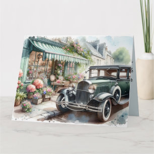 ヴィンテージ車魅力的と花屋の水彩画 カード