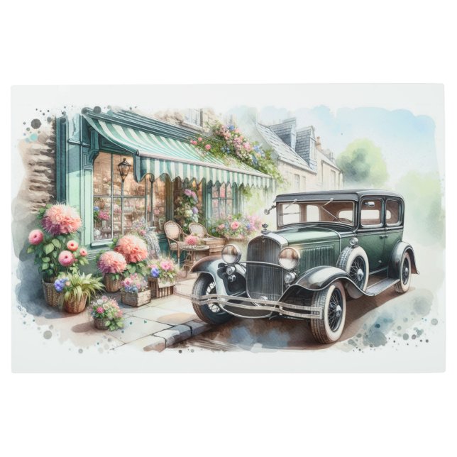 ヴィンテージ車魅力的と花屋の水彩画 メタルプリント (正面)
