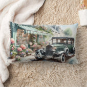 ヴィンテージ車魅力的と花屋の水彩画 ランバークッション (ブランケット)