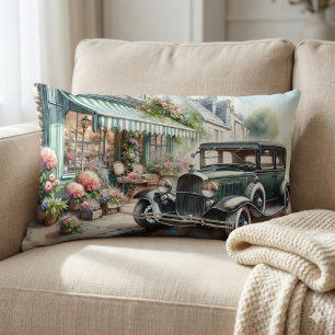 ヴィンテージ車魅力的と花屋の水彩画 ランバークッション