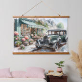 ヴィンテージ車魅力的と花屋の水彩画 吊り下げ型タペストリー (寝室)