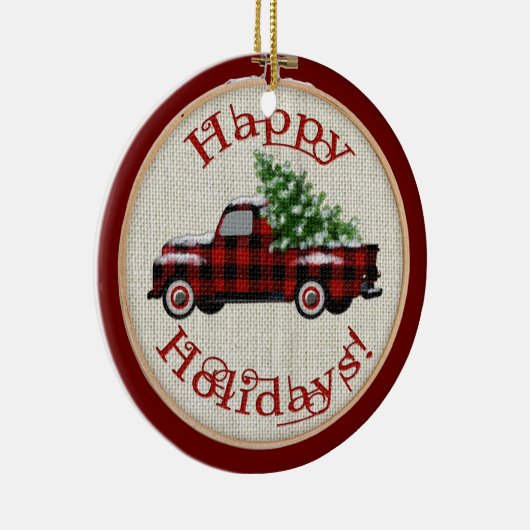 ヴィンテージ車 |刺しゅうフープのクリスマス セラミックオーナメント (右)