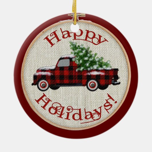 ヴィンテージ車 |刺しゅうフープのクリスマス セラミックオーナメント (裏面)