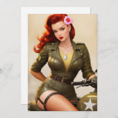 ヴィンテージ軍隊オートバイピンナップグリーティングカード シーズンカード (正面/裏面)