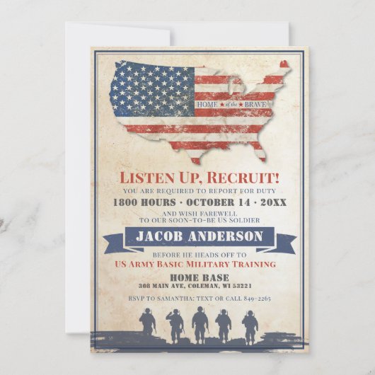 ヴィンテージ軍隊米国旗の兵士が行く遠くにパーティー 招待状 (正面)