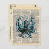 ヴィンテージ辞書アートブルー海タコ ポストカード (正面/裏面)