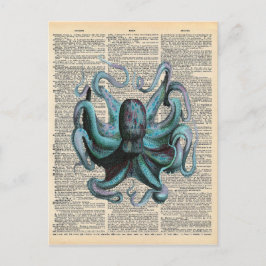 ヴィンテージ辞書アートブルー海タコ ポストカード