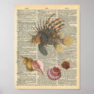 ヴィンテージ辞書アートライオンの魚とビーチシェル ポスター