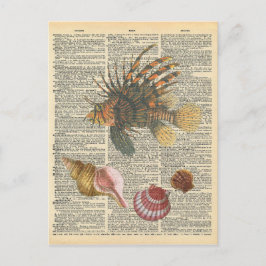 ヴィンテージ辞書アートライオンフィッシュ&ビーチシェル ポストカード