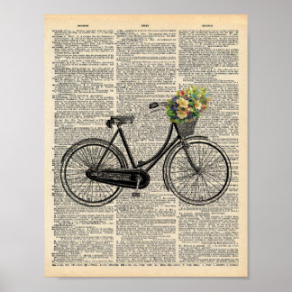 ヴィンテージ辞書ウォールアート花付き自転車 ポスター