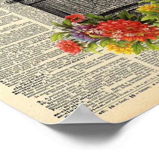 ヴィンテージ辞書ウォールアート鳥とケージ ポスター (角)