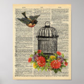 ヴィンテージ辞書ウォールアート鳥とケージ ポスター (正面)
