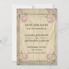 ヴィンテージ辞書プリントとバラ日付の保存 マグネット招待状