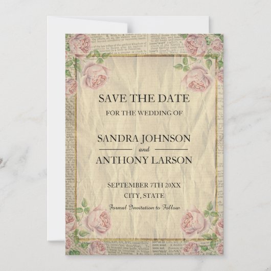 ヴィンテージ辞書プリントとバラ日付の保存 マグネット招待状 (正面)
