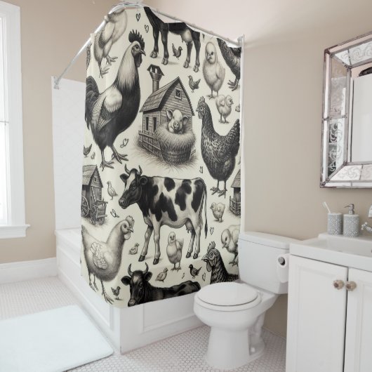 ヴィンテージ農園絵画動物 シャワーカーテン (インサイチュ)