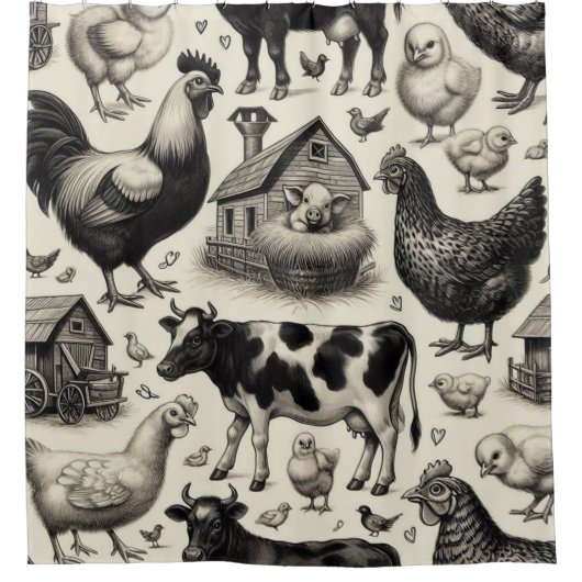 ヴィンテージ農園絵画動物 シャワーカーテン (正面)