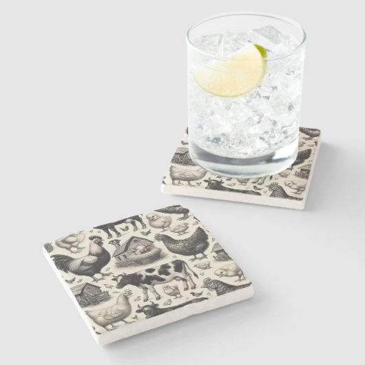 ヴィンテージ農園絵画動物 ストーンコースター (横)