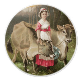 ヴィンテージ農場の女の子と牛 セラミックノブ