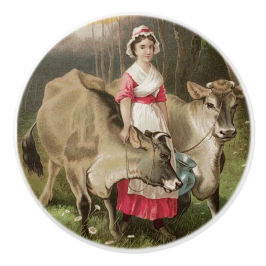 ヴィンテージ農場の女の子と牛 セラミックノブ (正面)