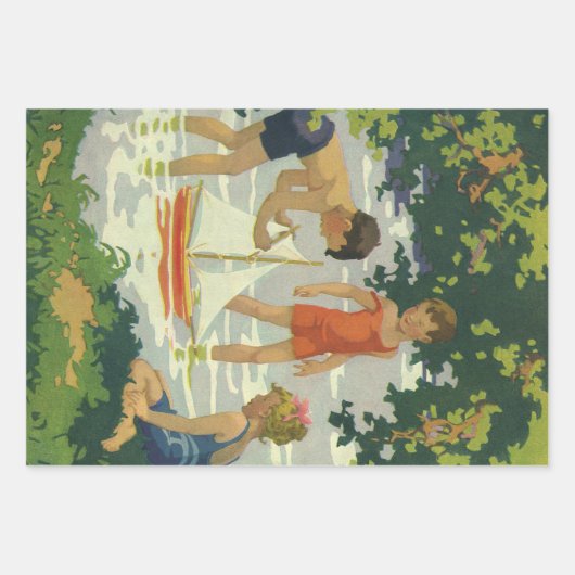 ヴィンテージ遊のおもちゃ帆船夏池 ラッピングペーパーシート (正面)