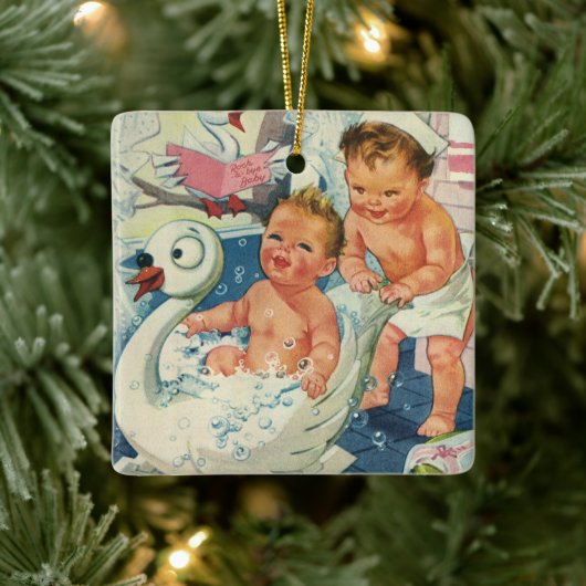 ヴィンテージ遊の白鳥の浴槽に入る子どもたちの泡 セラミックオーナメント (ツリー)