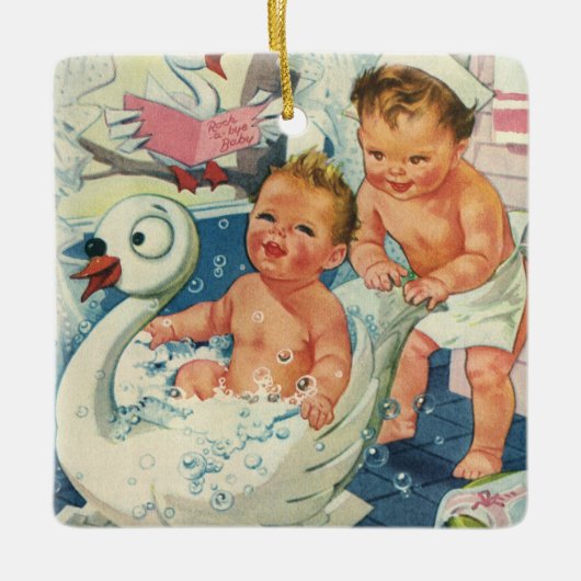 ヴィンテージ遊の白鳥の浴槽に入る子どもたちの泡 セラミックオーナメント (正面)