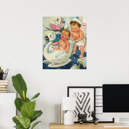 ヴィンテージ遊の白鳥の浴槽に入る子どもたちの泡 ポスター