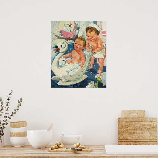 ヴィンテージ遊の白鳥の浴槽に入る子どもたちの泡 ポスター (キッチン)