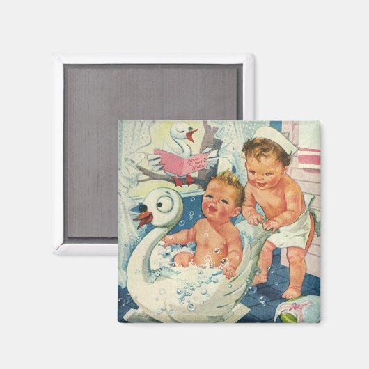 ヴィンテージ遊の白鳥の浴槽に入る子どもたちの泡 マグネット (正面/裏面)