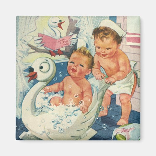 ヴィンテージ遊の白鳥の浴槽に入る子どもたちの泡 マグネット (正面)