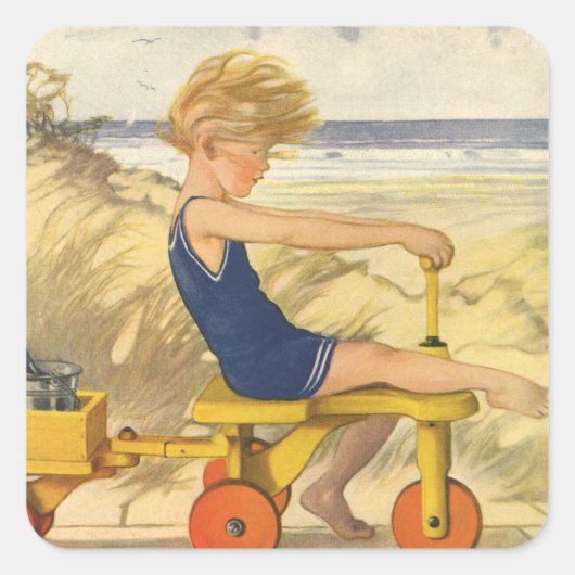 ヴィンテージ遊少年がビーチでサンドトイズ スクエアシール (正面)