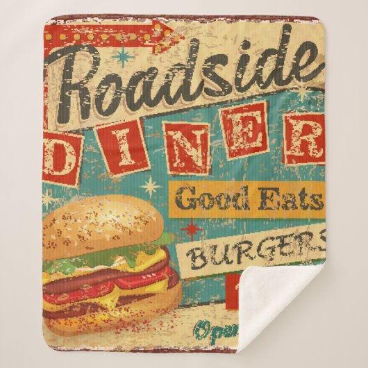 ヴィンテージ道端ダイナーメタルサイン。ダイナー、レトロ、v シェルパブランケット (正面)