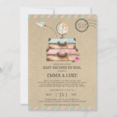 ヴィンテージ郵便スーツケースによる長距離ベビーシャワー 招待状 (正面)