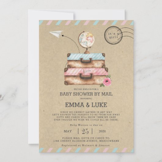 ヴィンテージ郵便スーツケースによる長距離ベビーシャワー 招待状 (正面)